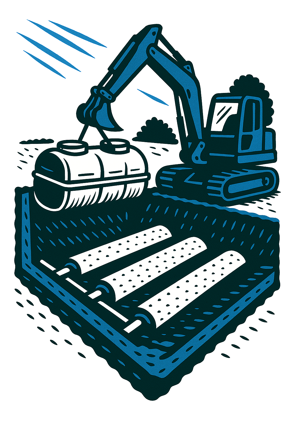 A new septic system installation in progress, with an excavator placing the tank in the ground.